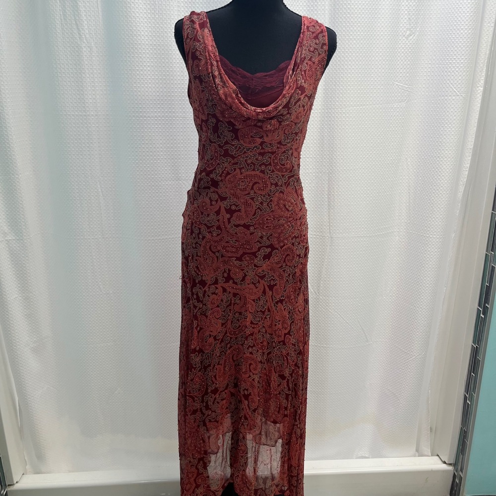 iCE Women Beaded 100% Silk Paisley Maxi Dress Burgundy Cowl Neck Size 4 Lace Y2K